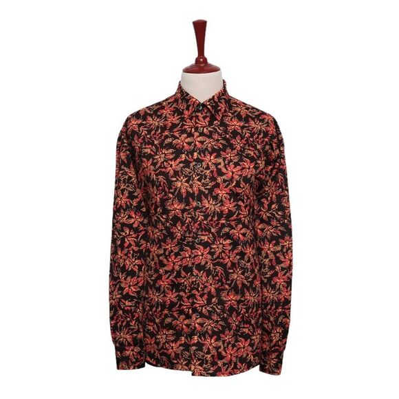 Mens Silk Shirt Button Up Black Orange Floral Graphic Hawaiian Beach Casual XL - Picture 1 of 6